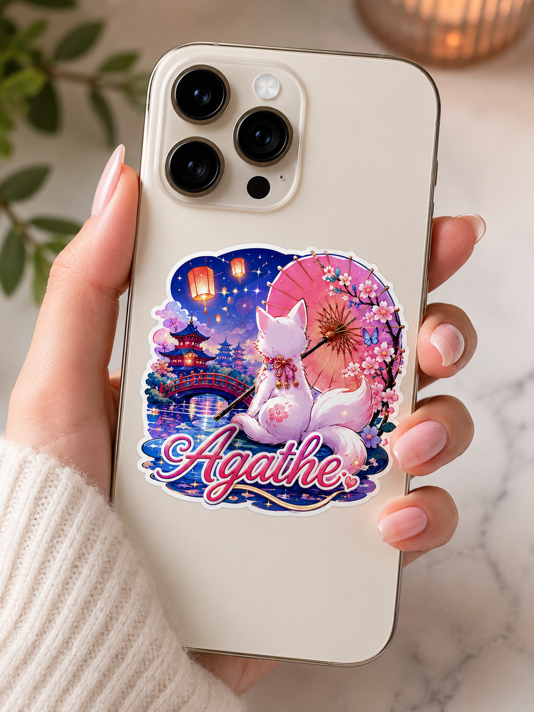 Sticker prénom personnalisable  Kitsune Sakura Enchantée