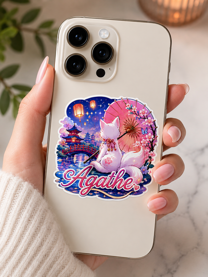 Sticker prénom personnalisable  Kitsune Sakura Enchantée
