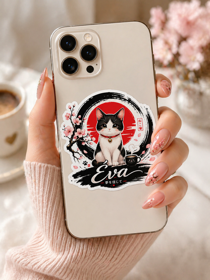 🐾 Sticker personnalisé avec ton animal de compagnie – Kawaii japonais – Prénom & design sakura