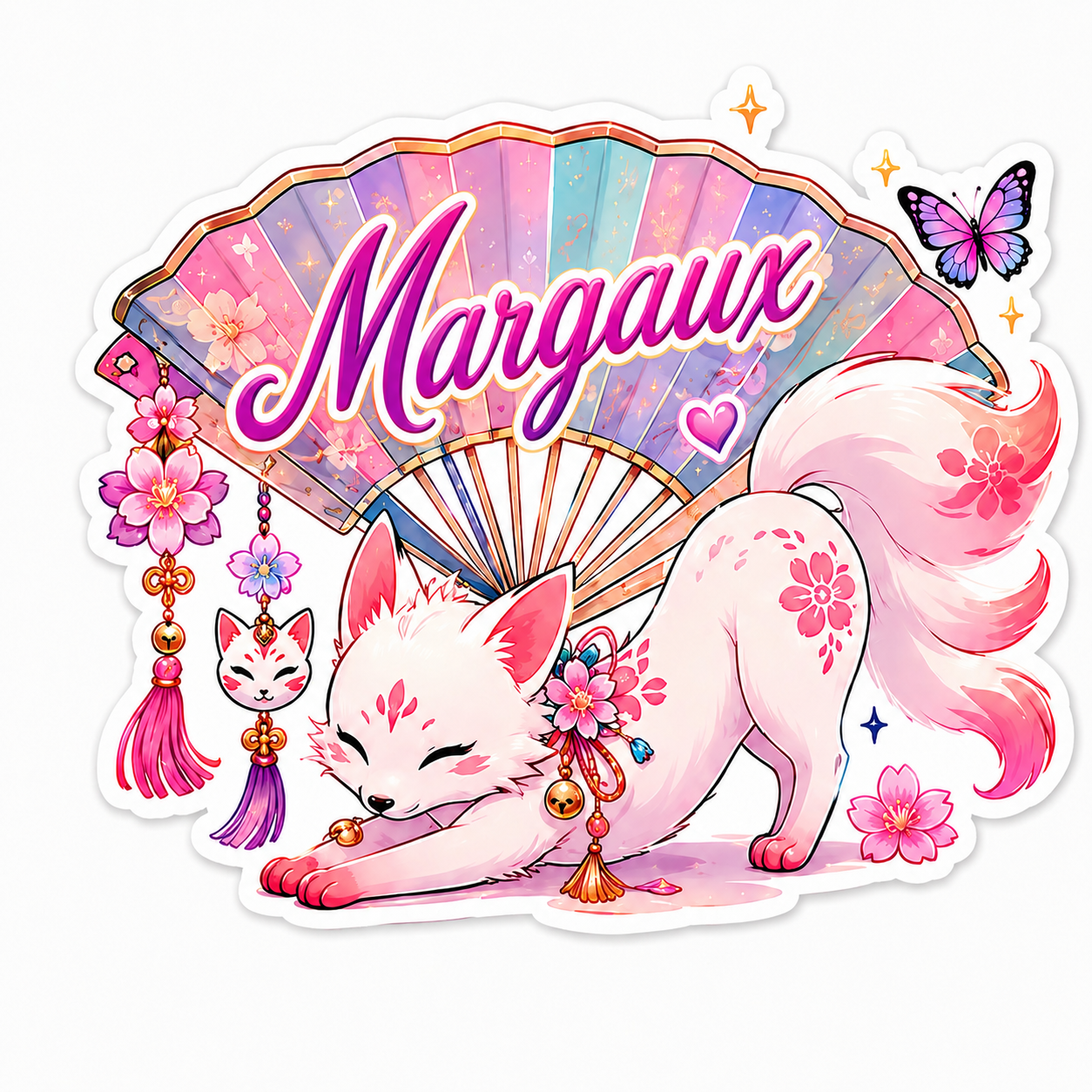 Sticker prénom personnalisable éventail et  Kitsune