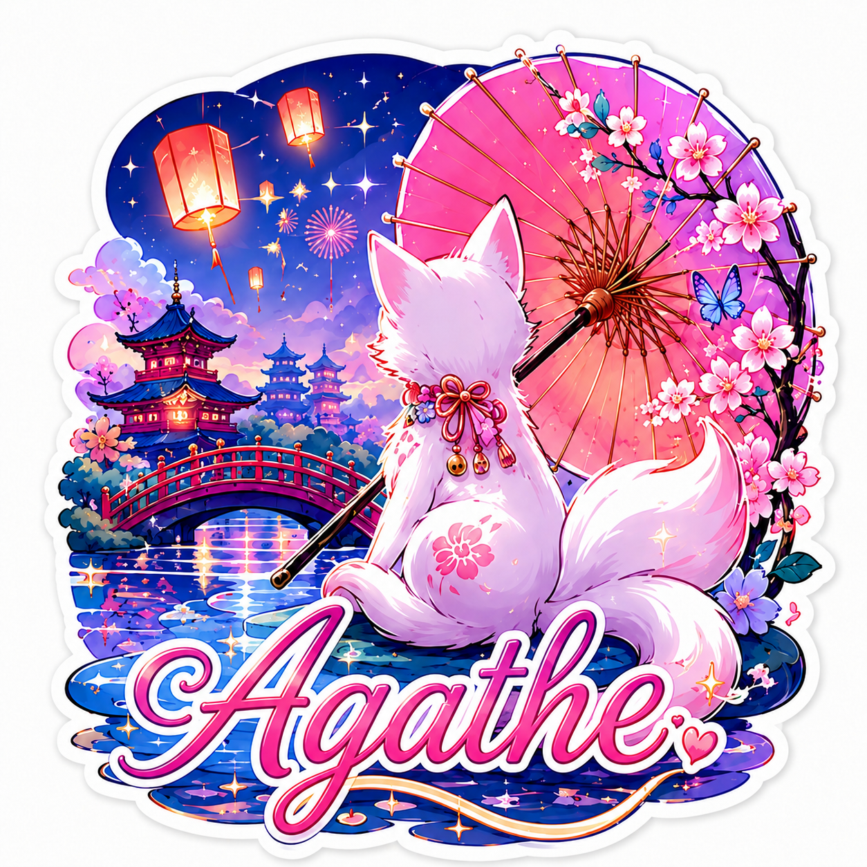 Sticker prénom personnalisable  Kitsune Sakura Enchantée