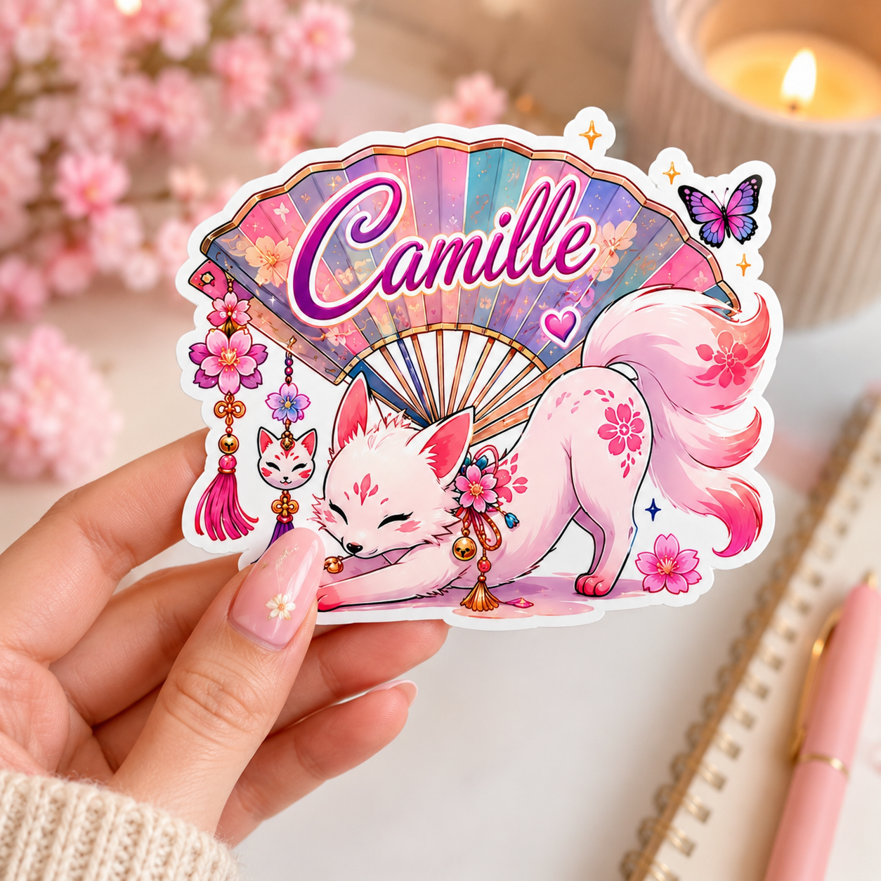 Sticker prénom personnalisable éventail et  Kitsune