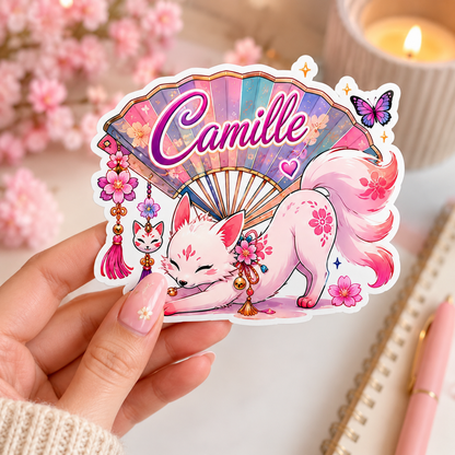 Sticker prénom personnalisable éventail et  Kitsune