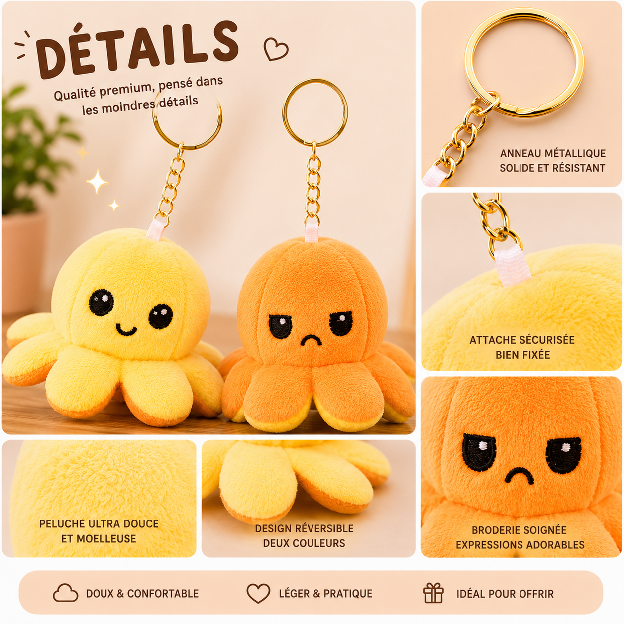 Porte-clés peluche octopus jaune réversible (PROMO -20%)