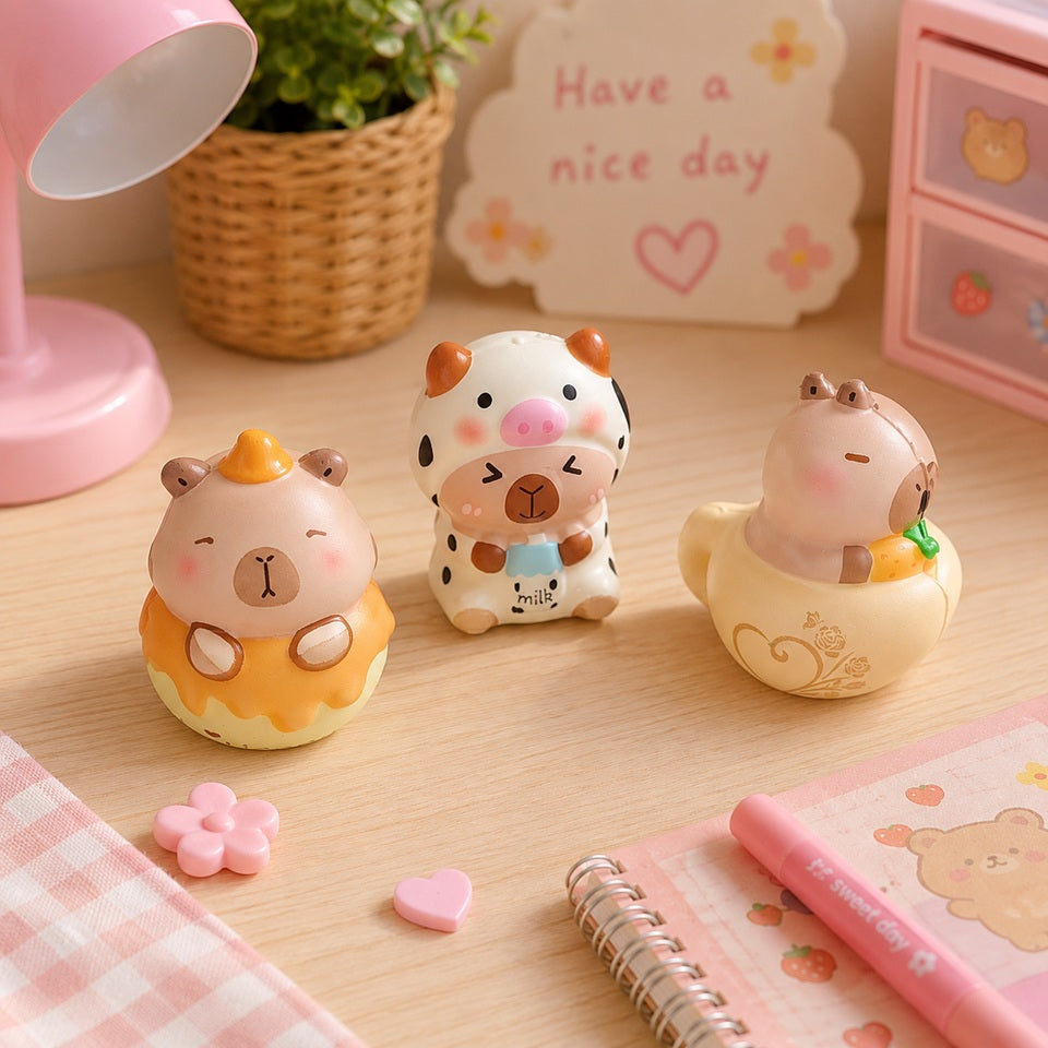 Une collection de squishies capybara aux couleurs pastel, disposés sur une jolie table en bois clair. Les figurines représentent des capybaras dans différents costumes et gourmandises (en vache, dans une tasse et un pot de miel), entourés d'une décoration douce avec une plante, un carnet et de petits éléments décoratifs. L'ambiance est chaleureuse, lumineuse et mignonne, idéale pour mettre en valeur ces jouets anti-stress.