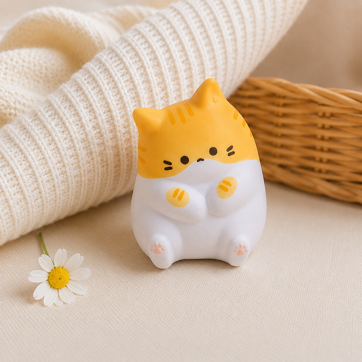 Main tenant le squishy chat dodu kawaii roux – parfait pour déstresser au quotidien