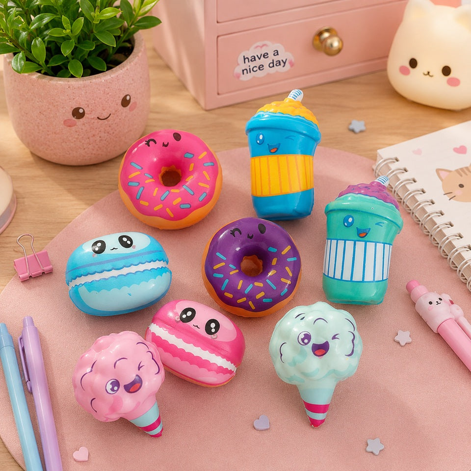 une sélection de squishies anti-stress kawaii sur un joli bureau en bois clair. Les squishies représentent des donuts colorés, des macarons, des boissons frappées, des barbes à papa et des glaces, tous décorés de visages souriants. Ils sont disposés sur un plateau rond rose, entourés de stylos pastel, d'un carnet illustré, d'une plante en pot au visage kawaii, d'un petit meuble rose et d'une veilleuse en forme de chat. L'ensemble crée une ambiance douce, colorée et chaleureuse