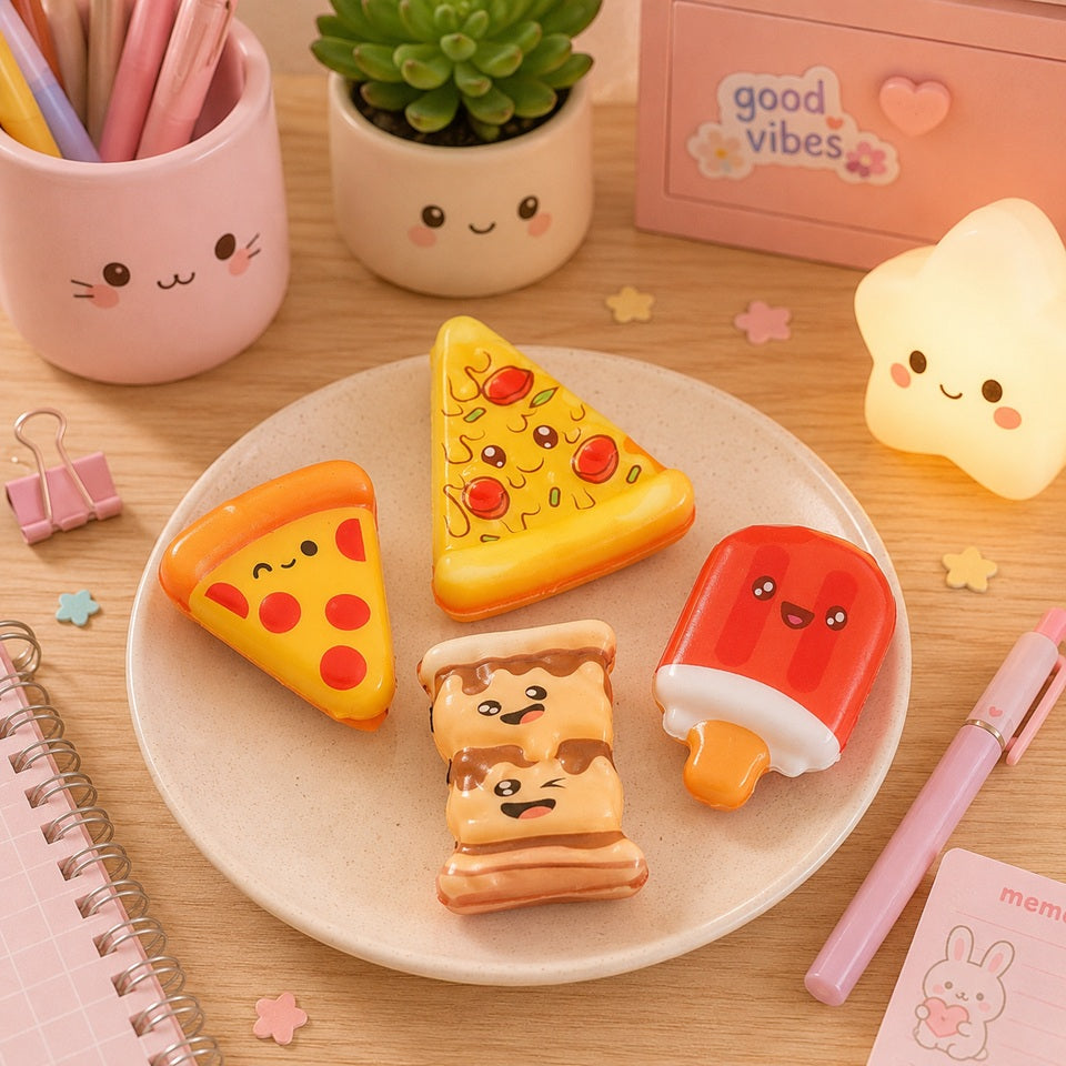 Des squishies anti-stress kawaii en forme de part de pizza classique, une part de pizza au pepperoni, une glace à l'eau rouge et une guimauve au chocolat, tous avec de petits visages souriants., disposés sur une assiette beige posée sur un bureau en bois clair. Autour de l'assiette se trouvent des accessoires de papeterie pastel créant une ambiance douce, chaleureuse et mignonne