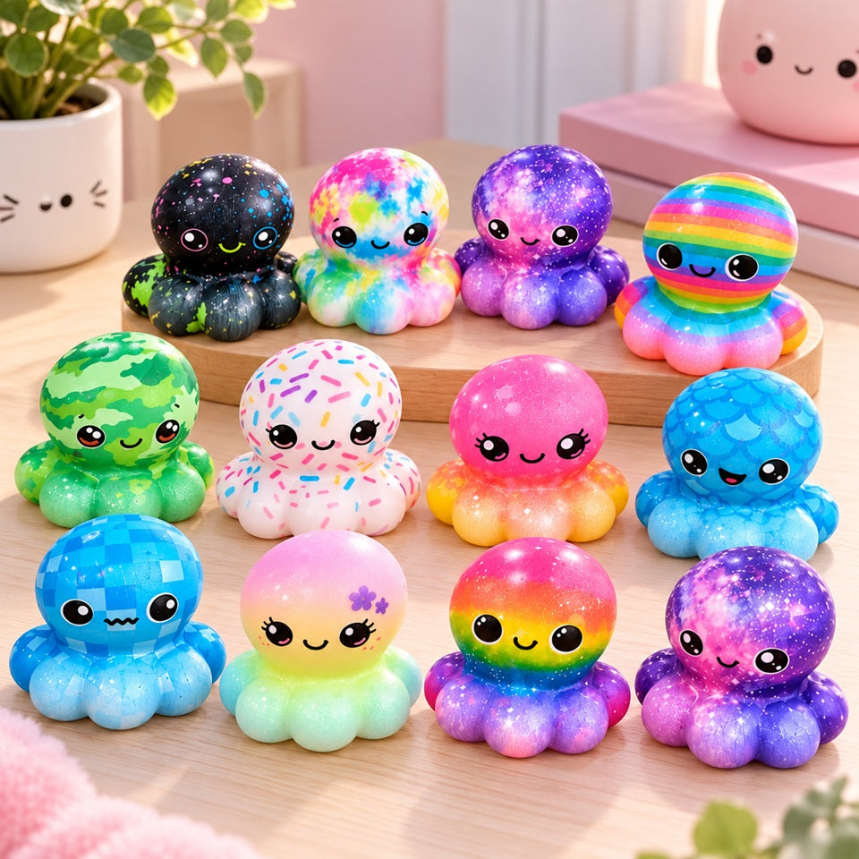 Collection de squishy kawaii en forme de petites pieuvres Poulpi multicolores, aux motifs arc-en-ciel, galaxie, pastel, pailletés et fantaisie. Ces adorables jouets anti-stress, tout mous et moelleux, affichent de grands yeux brillants et des bouilles souriantes. Présentés sur une jolie table en bois clair dans un décor pastel avec quelques accessoires mignons, ces squishy pieuvres colorés sont parfaits pour se détendre, occuper les mains ou offrir un cadeau kawaii original.