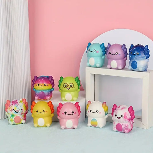des squishy tout mignon et tout coloré en forme d'axolotl. Effet anti stress garanti !