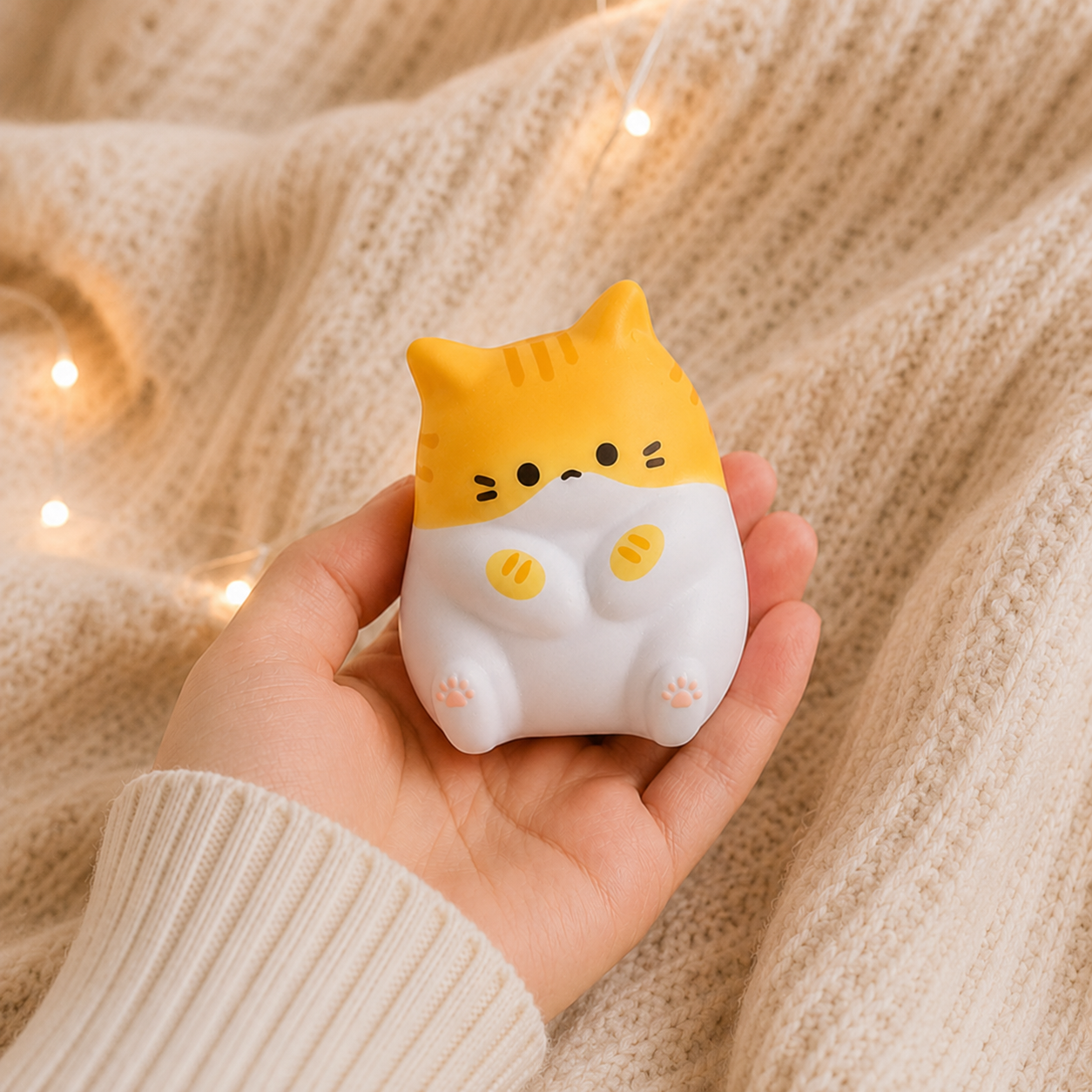 Squishy chat dodu roux de profil – texture douce et rebondissante, format mini 6,5x5cm