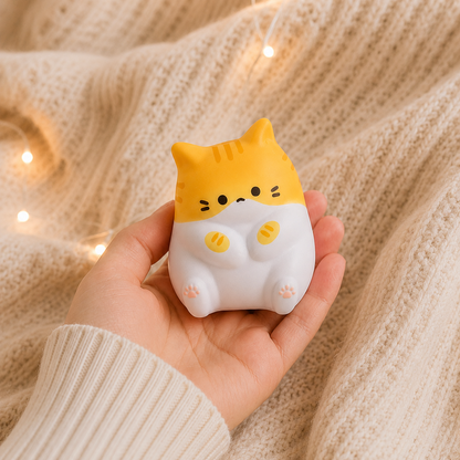 Squishy chat dodu roux de profil – texture douce et rebondissante, format mini 6,5x5cm