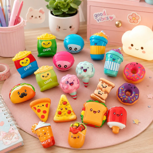 une collection de squishies anti-stress en forme de nourriture kawaii disposés sur un joli bureau en bois clair. Les squishies représentent des sachets de chips, des donuts, des pizzas, un sandwich, un taco, une glace, des boissons, des barbes à papa, un wrap et d'autres gourmandises colorées aux visages souriants. Ils sont posés sur un plateau rond rose, entourés d'accessoires de bureau pastel créant une ambiance douce, mignonne et chaleureuse.