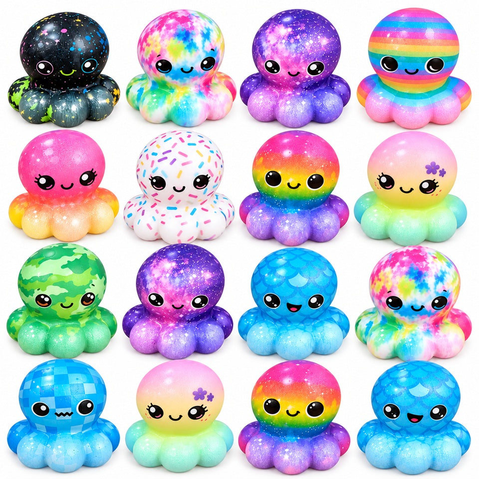Collection de squishy kawaii en forme de petites pieuvres Poulpi, aux couleurs vives et motifs variés : arc-en-ciel, galaxie, pastel, multicolore, paillettes et écailles bleues. Ces adorables jouets anti-stress, tout mous et moelleux, possèdent de grands yeux brillants et de petites bouilles souriantes. Présentés sur fond blanc, ces mini-pieuvres colorées sont idéales pour se détendre, occuper les mains ou compléter une collection de squishy kawaii.