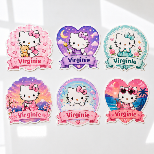 Lot de 6 stickers 6 cm prénom personnalisables Hello Kitty 🐱✨