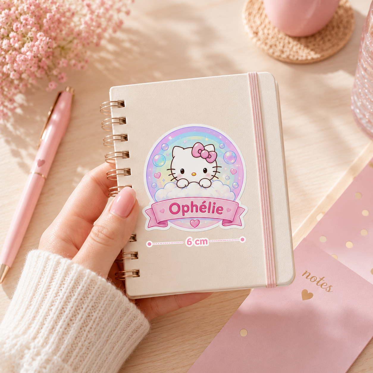 Lot de 6 stickers 6 cm prénom personnalisables Hello Kitty 🐱✨