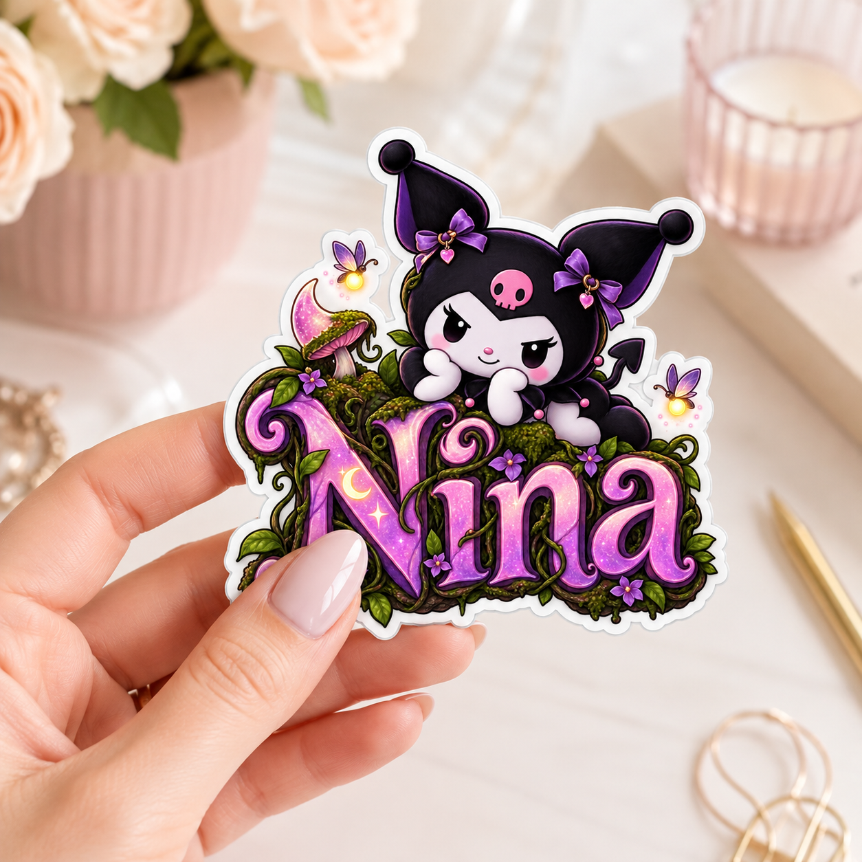 Sticker prénom personnalisable Kuromi Forêt Enchantée 🖤💜✨