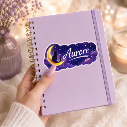Sticker prénom personnalisé chat sur la lune