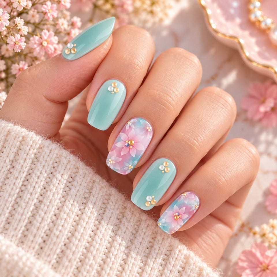 Stickers nail art vert d'eau et rose pastel à motifs fleuris et détails brillants, portés sur les ongles d’une femme pour une manucure féminine et élégante.