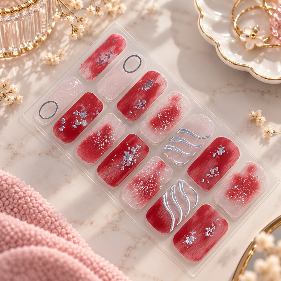 Stickers nail art rouges et roses à paillettes avec éclats argentés et motifs ondulés, présentés dans un élégant décor beauté aux tons doux et féminins.
