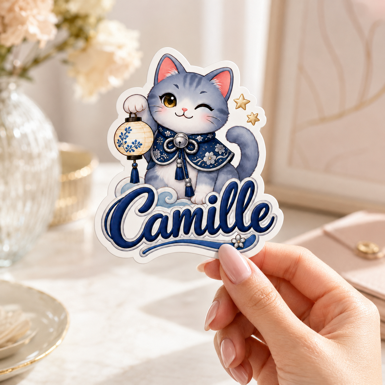 Sticker prénom personnalisable Chat Lanterne Bleu 🐱🍎✨