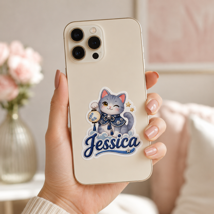 Sticker prénom personnalisable Chat Lanterne Bleu 🐱🍎✨