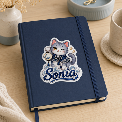 Sticker prénom personnalisable Chat Lanterne Bleu 🐱🍎✨