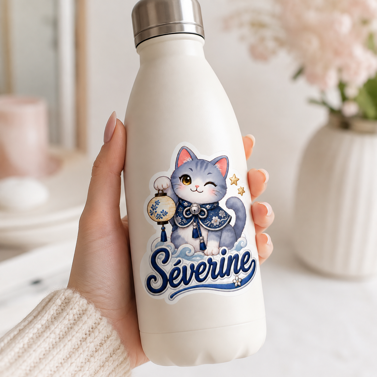 Sticker prénom personnalisable Chat Lanterne Bleu 🐱🍎✨