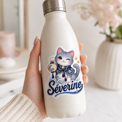 Sticker prénom personnalisable Chat Lanterne Bleu 🐱🍎✨