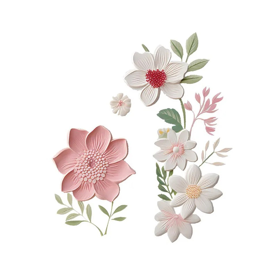un sticker mural en forme de fleurs roses et blanches avec de jolies feuilles vertes. Touche déco florale, printanière, douce.