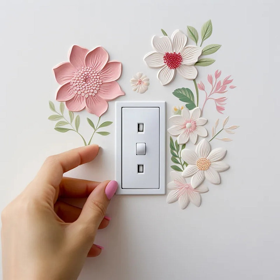 un sticker mural en forme de fleurs roses et blanches avec de jolies feuilles vertes. Touche déco florale, printanière, douce.