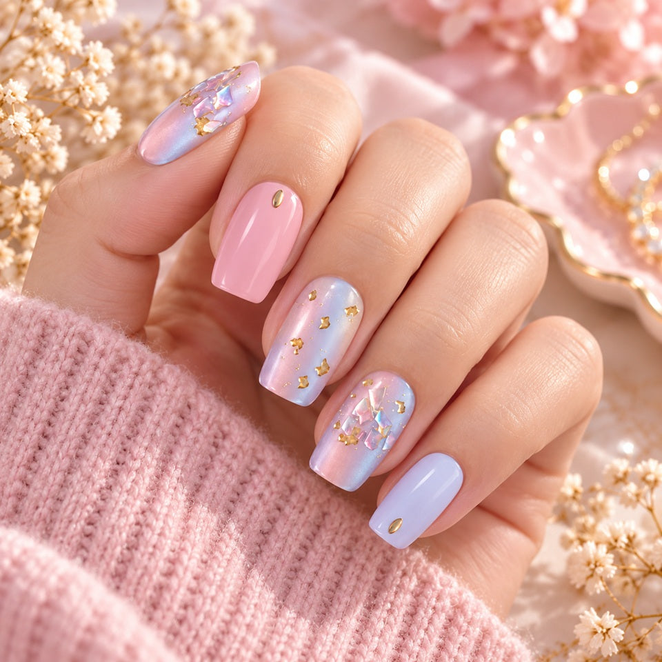 Stickers nail art rose pastel, bleu clair et nacrés avec éclats dorés et irisés, portés sur les ongles d’une femme pour une manucure élégante et féminine
