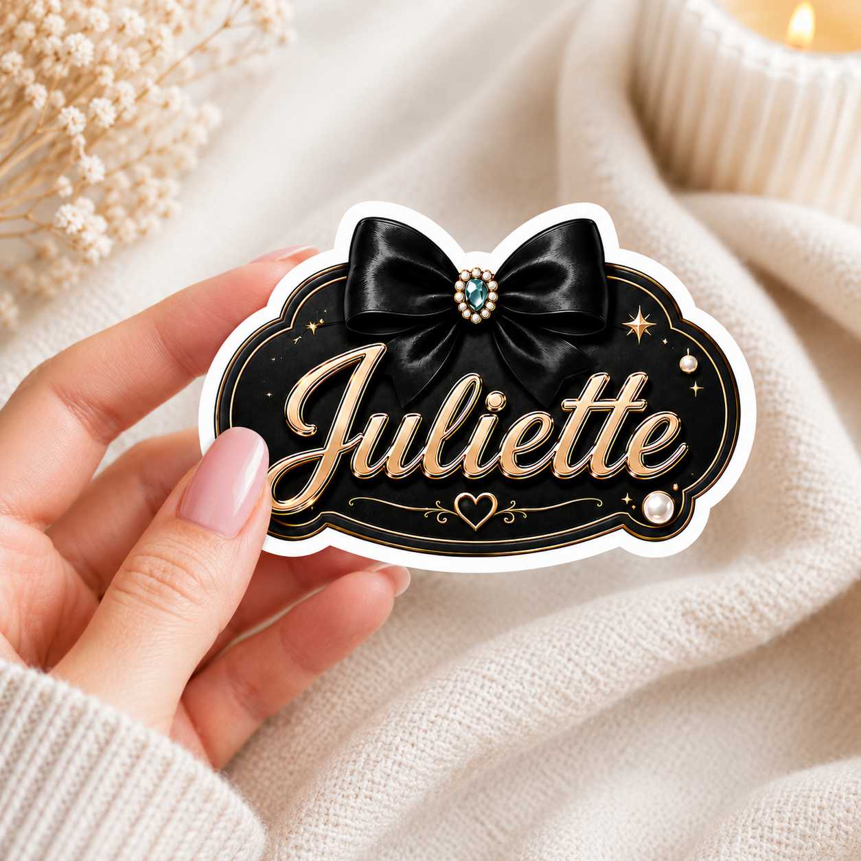 Sticker prénom personnalisable Coquette Noir & Or 💖✨