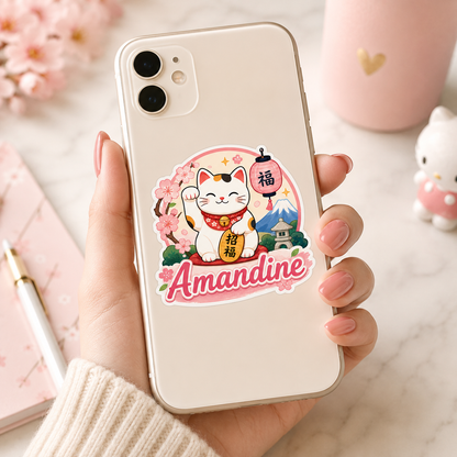 Sticker prénom personnalisable Maneki-Neko 🐱🌸✨