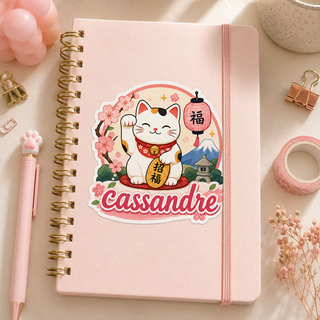 Sticker prénom personnalisable Maneki-Neko 🐱🌸✨