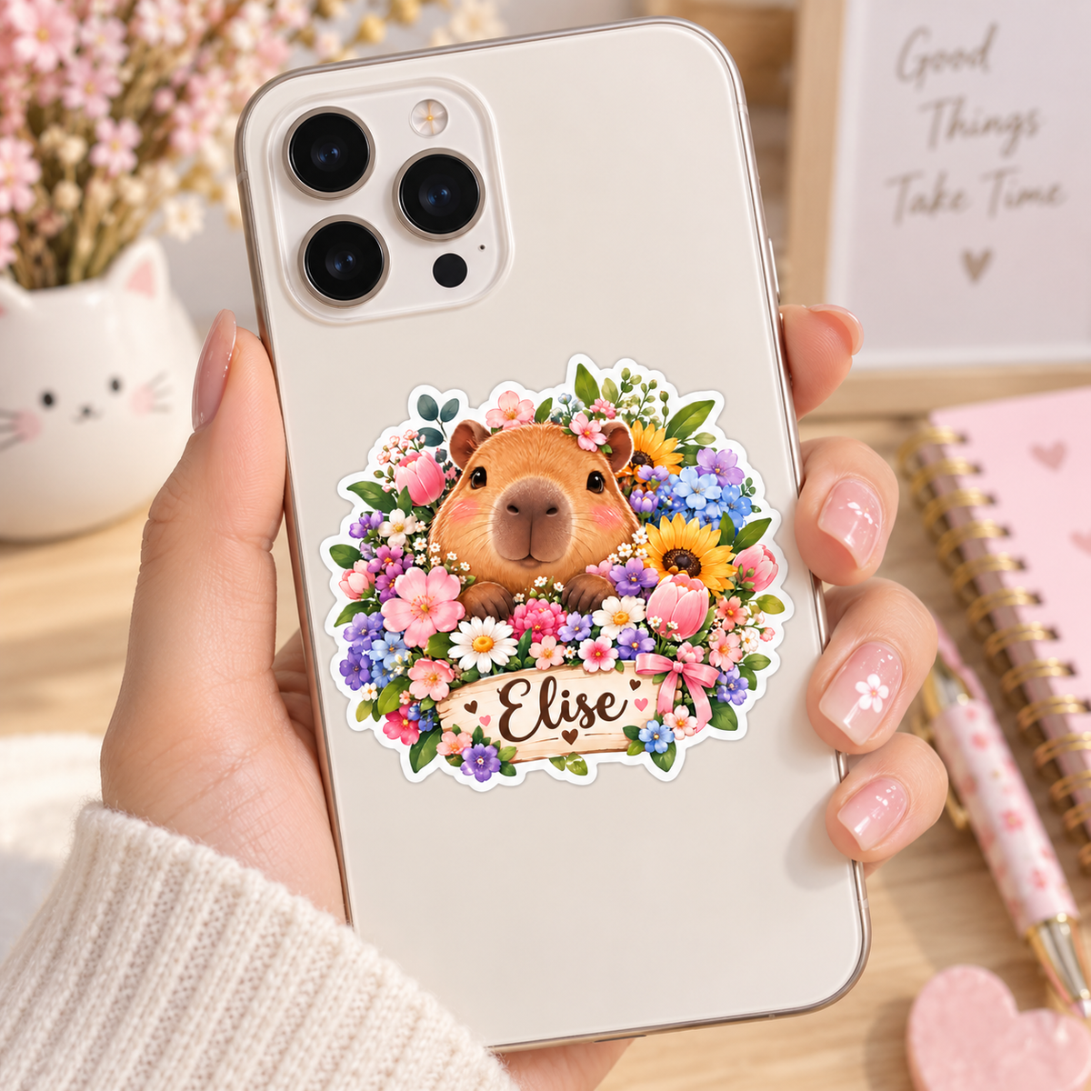 Sticker personnalisable Capybara Jardin Fleuri 🦦🌸✨