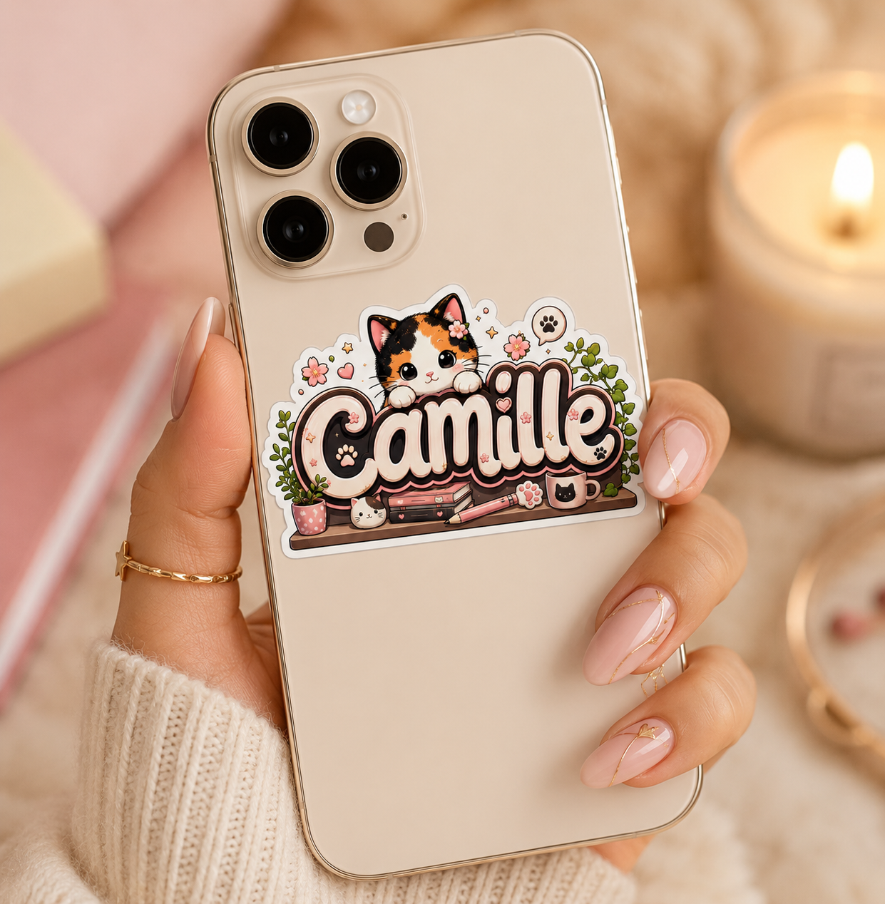 Lot de 10 Sticker prénom personnalisable Chat Calico Kawaii 🐱✨