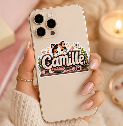 Lot de 10 Sticker prénom personnalisable Chat Calico Kawaii 🐱✨