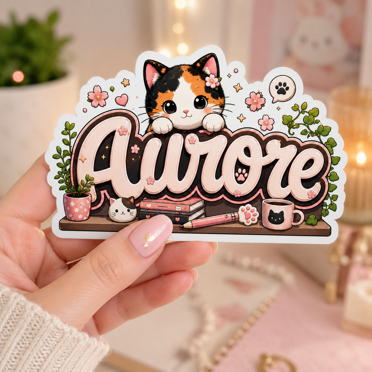 Lot de 10 Sticker prénom personnalisable Chat Calico Kawaii 🐱✨