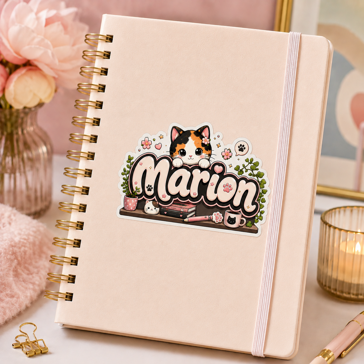 Lot de 10 Sticker prénom personnalisable Chat Calico Kawaii 🐱✨