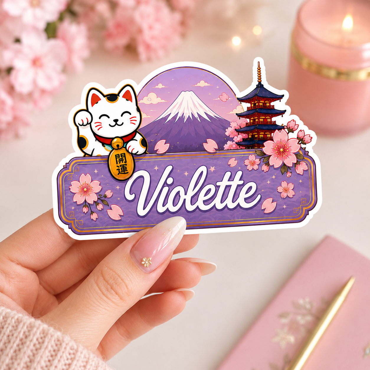 Sticker prénom personnalisé thème Japon violet