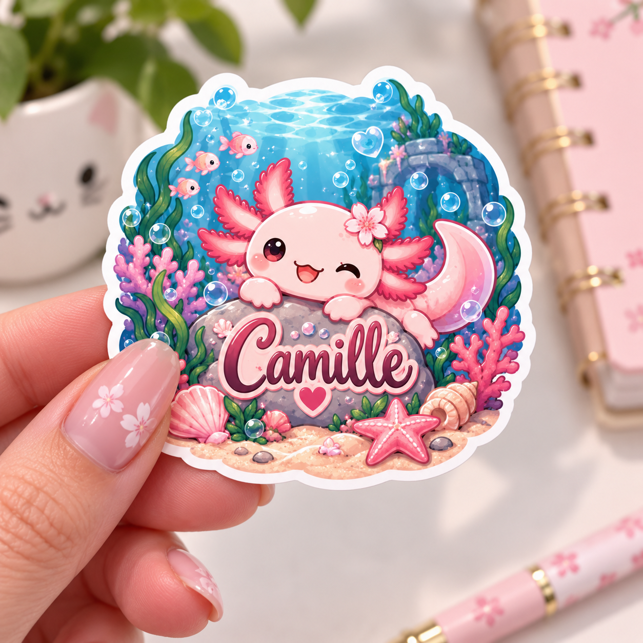 Sticker prénom personnalisable Axolotl Océan Kawaii 🦎🌊💕