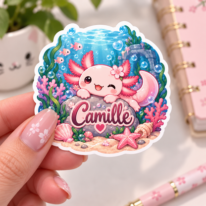 Sticker prénom personnalisable Axolotl Océan Kawaii 🦎🌊💕