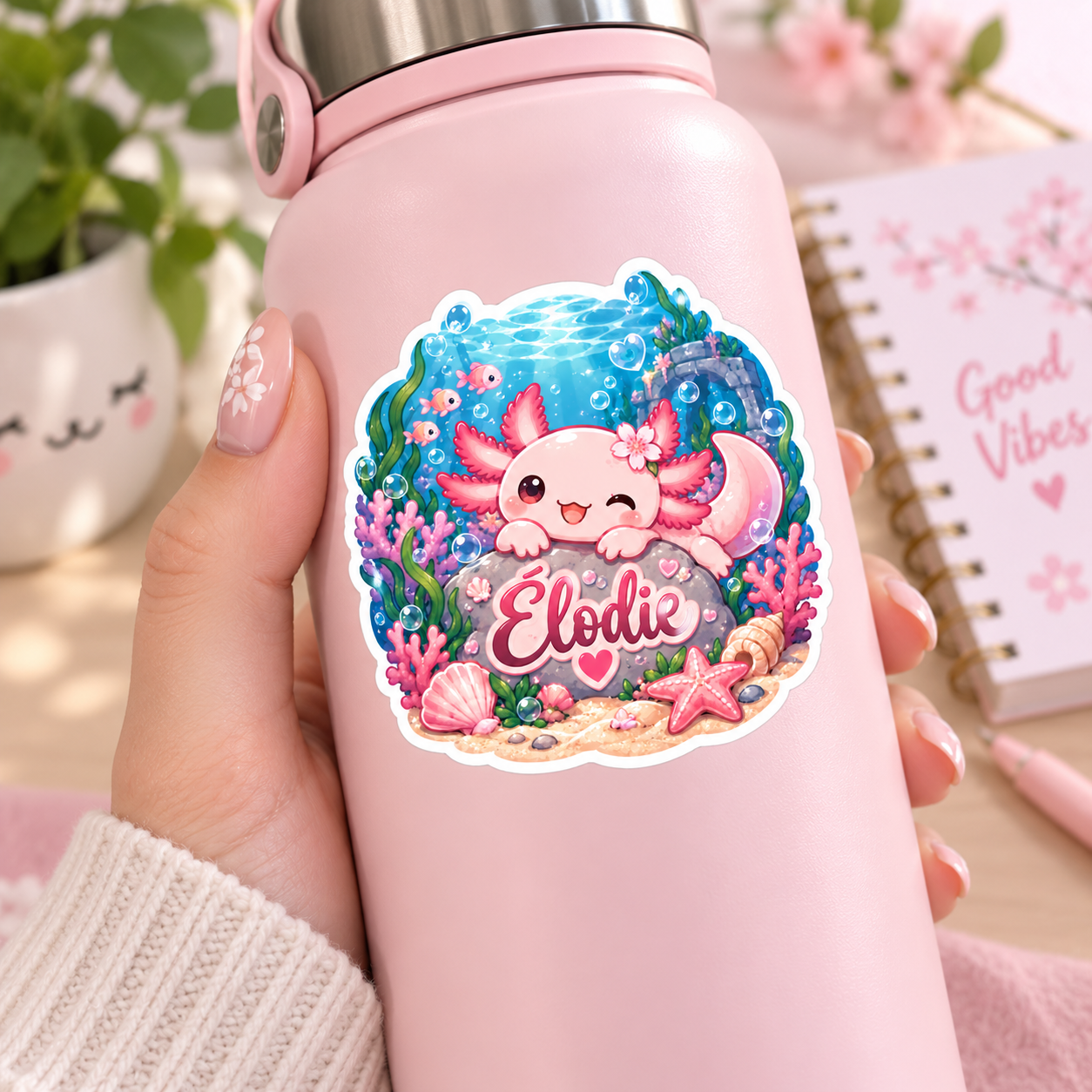 Sticker prénom personnalisable Axolotl Océan Kawaii 🦎🌊💕