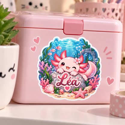Sticker prénom personnalisable Axolotl Océan Kawaii 🦎🌊💕