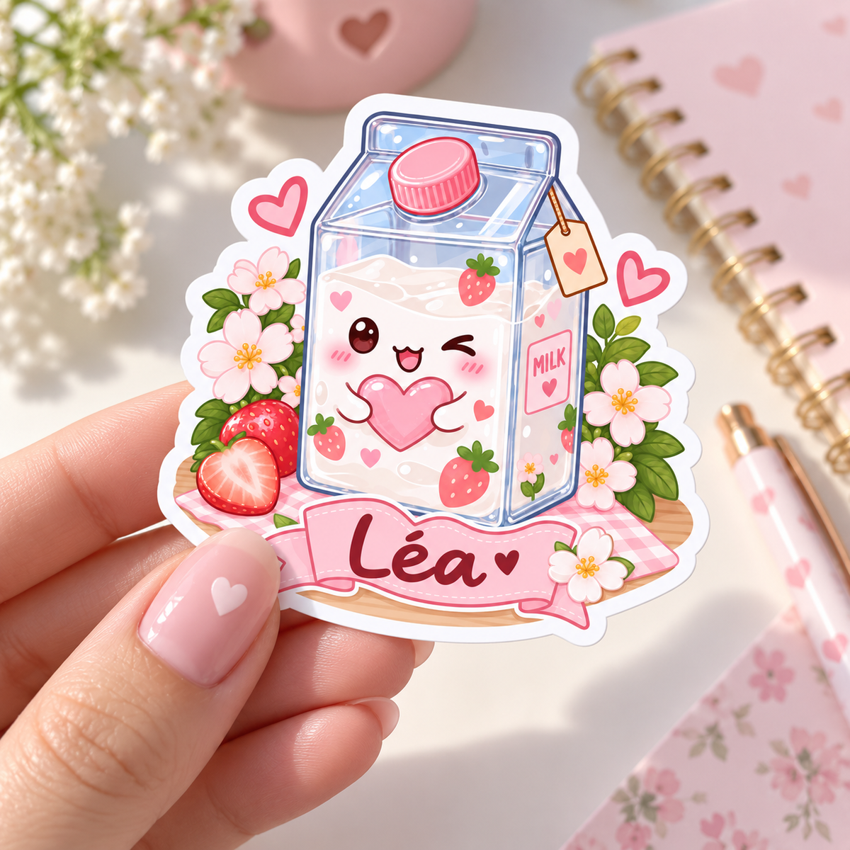 Sticker prénom personnalisable Lait Fraise Kawaii 🍓🥛💕