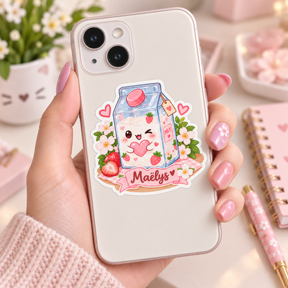 Sticker prénom personnalisable Lait Fraise Kawaii 🍓🥛💕