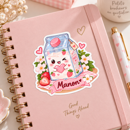 Sticker prénom personnalisable Lait Fraise Kawaii 🍓🥛💕