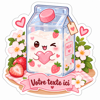 Sticker prénom personnalisable Lait Fraise Kawaii 🍓🥛💕