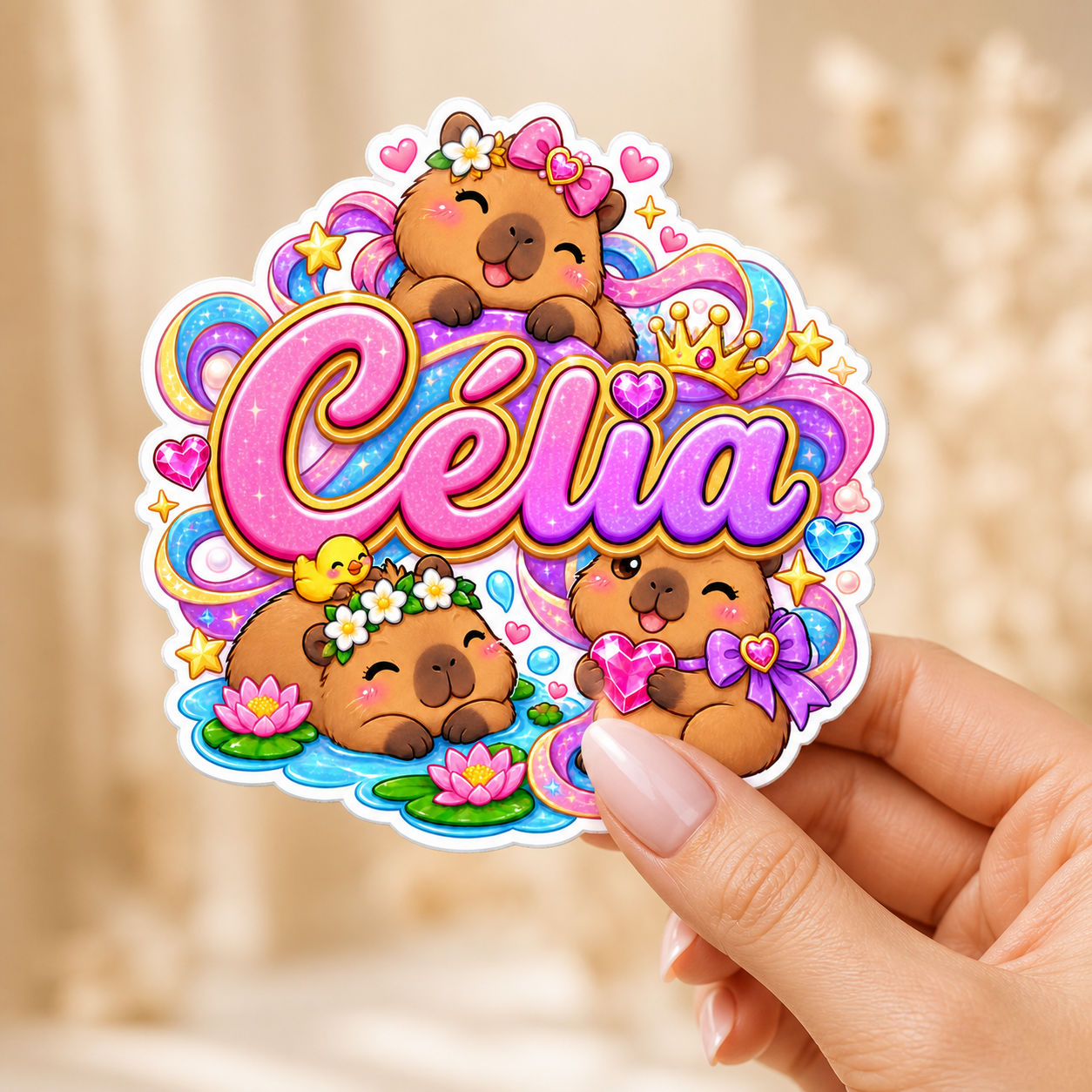 Sticker prénom personnalisable Capybara Trio Magique 💕✨
